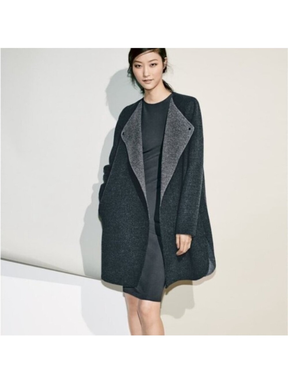Vince Dark Gray Open-Front Wool-Blend Cardigan with Light Gray Lining